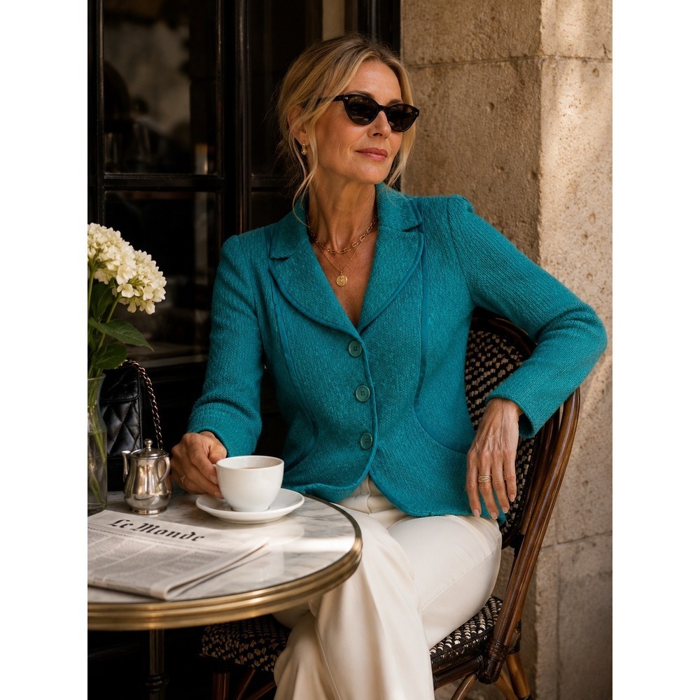 Nanette Lepore Knit Blazer Women Medium Teal Blue Textured Cotton Professional
